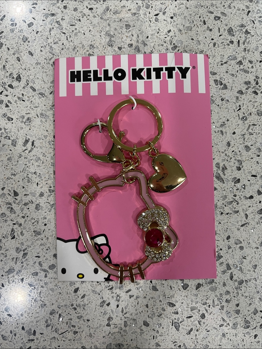 Hello Kitty Gold and Pink Keyring with Heart and Bow Charms